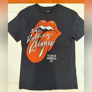 The Rolling Stones Black Tee with Orange & White Tongue Graphic, Girl’s Junior